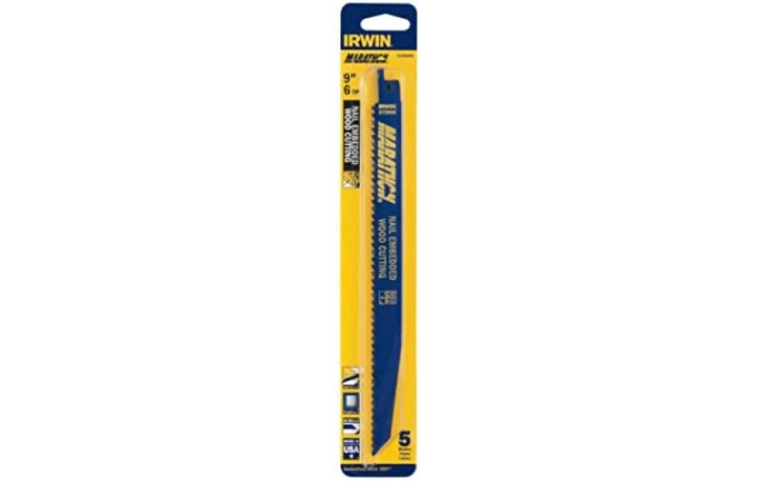 IRWIN Tools Reciprocating Saw Blade, Wood- and Nail-Embedded Wood-Cutting, 9-Inch 6 TPI, 5 Pack (372956P5)