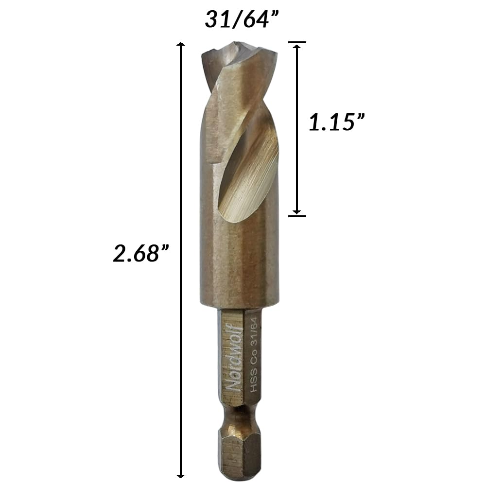NordWolf 31/64" M35 Cobalt Stubby Drill Bit for Stainless Steel & Hard Metals, with 1/4" Hex Shank for Quick Chucks & Impact Drivers