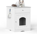 Cat Litter Box Enclosure Furniture, White + Solid Wood