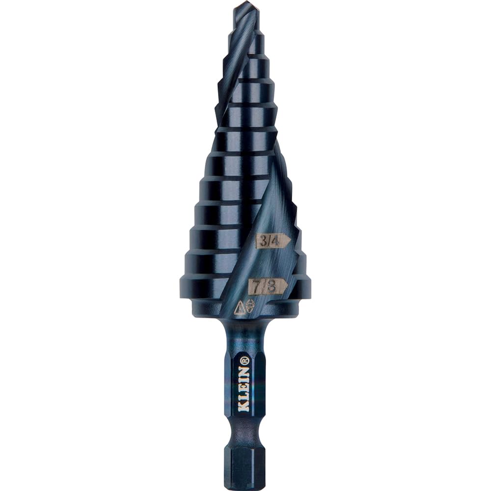 Klein Tools QRST14 Step Drill Bit, Quick Release, Spiral Double-Fluted, 3/16 to 7/8-Inch, Hex Shank, Cut Steel, Wood, Plastic, Aluminum