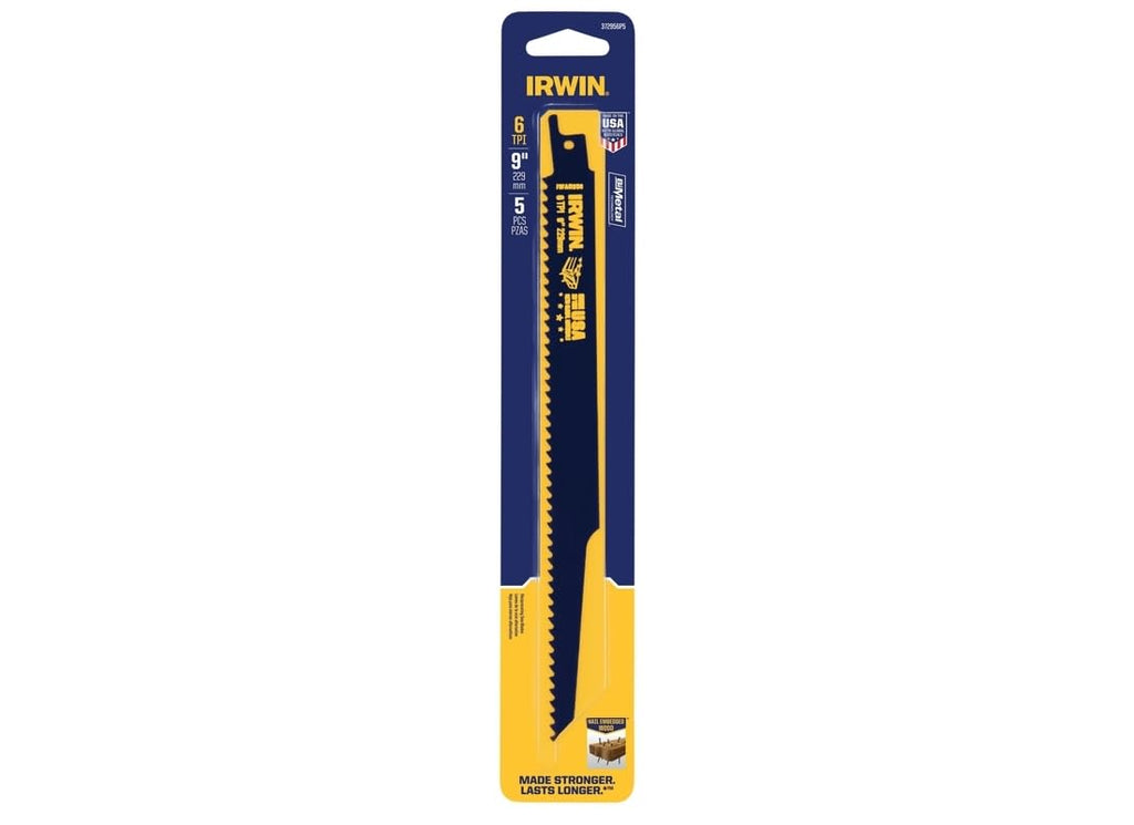 IRWIN Tools Reciprocating Saw Blade, Wood- and Nail-Embedded Wood-Cutting, 9-Inch 6 TPI, 5 Pack (372956P5)