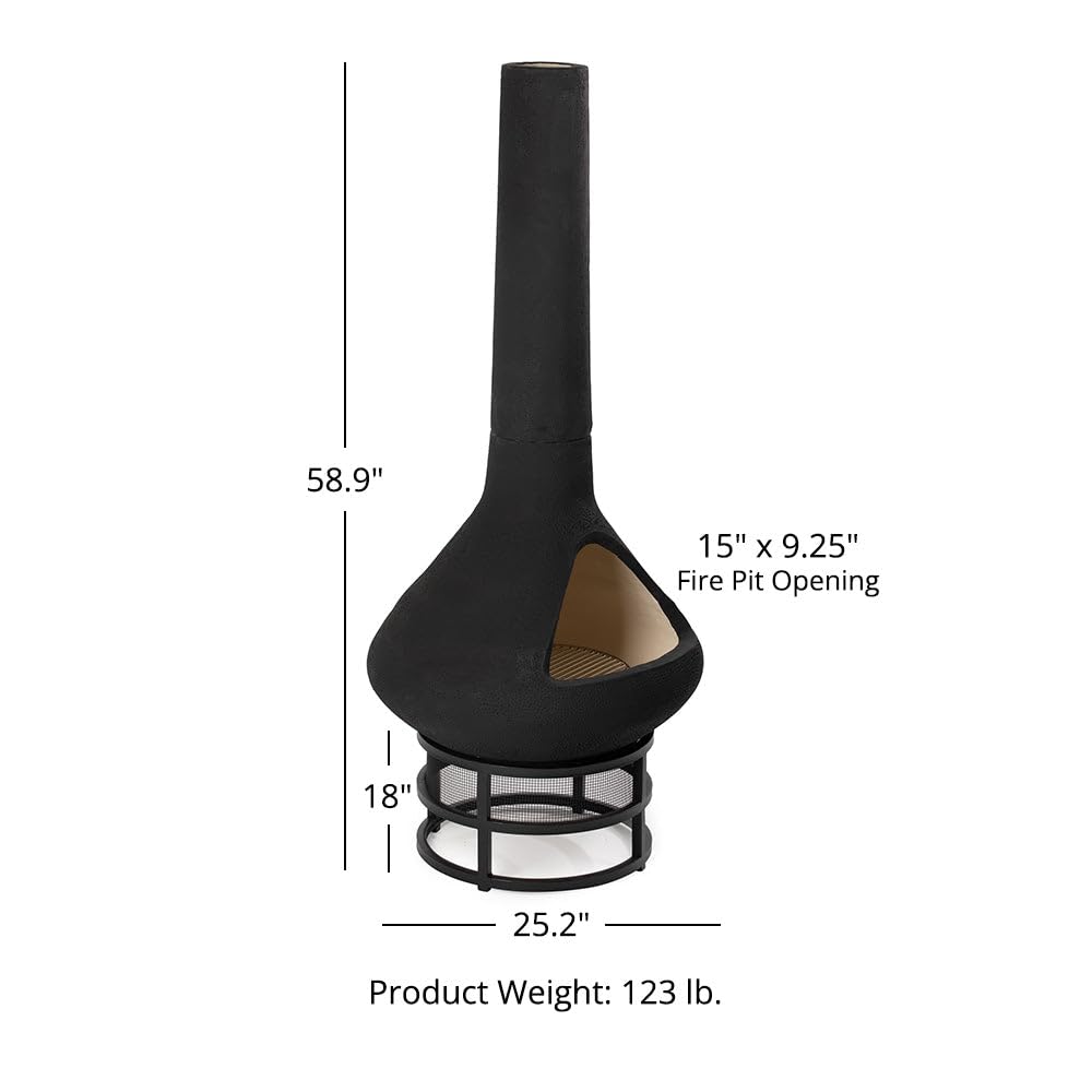 Ash & Ember Ceramic Chiminea Fire Pit with Stand, Smoke-Reducing Chimney, Semi-Enclosed Outdoor Fireplace for