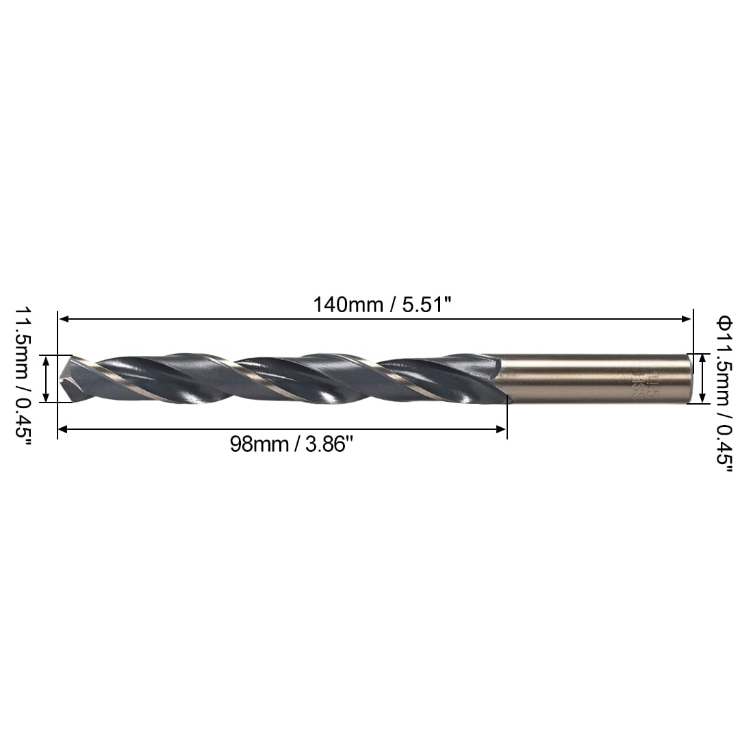 uxcell Straight Shank Twist Drill Bits 11.5mm Gold Titanium & Black Nitride Coated High Speed Steel (HSS) 4341 with 11.5mm Shank for Stainless Steel Alloy Metal Plastic Wood