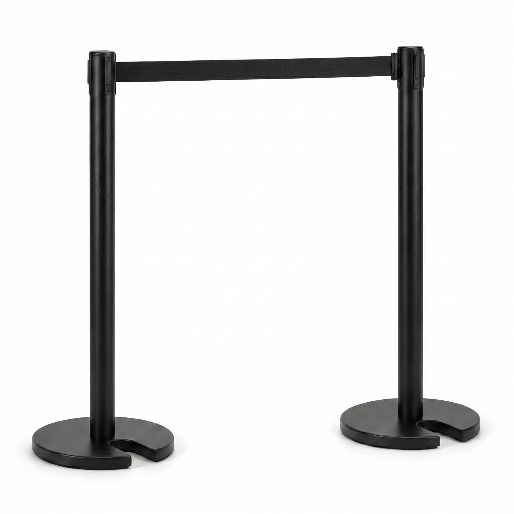 Matte Black Retractable Belt Stanchions, 2 Pack - 6.2ft Belt & Heavy 15lb Steel Base Crowd Control Barriers