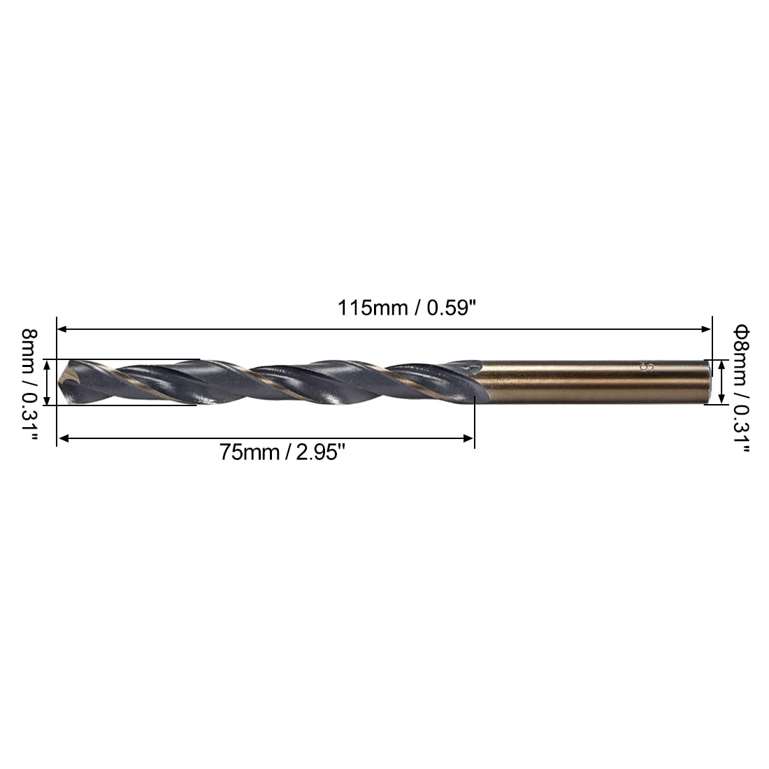 uxcell 2pcs Straight Shank Twist Drill Bits 8mm Gold Titanium & Black Nitride Coated High Speed Steel (HSS) 4341 with 8mm Shank for Stainless Steel Alloy Metal Plastic Wood