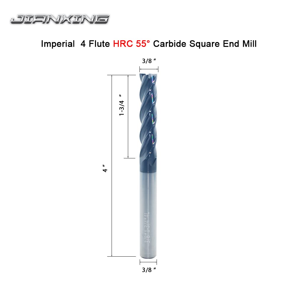 JIANXING 3/8" Extra Long Carbide Square End Mill, 4 Flute, 4" OAL, 1 Pc