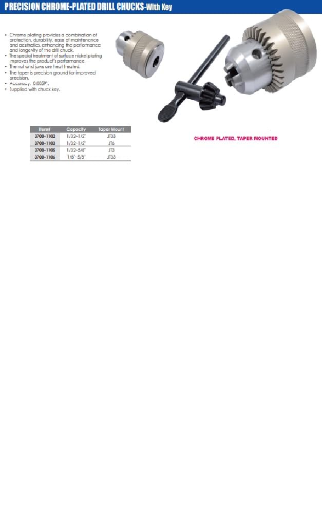 HHIP 3700-1106 1/8-5/8" JT33 Chrome-Plated Drill Chuck with Key, Accuracy 0.0059"