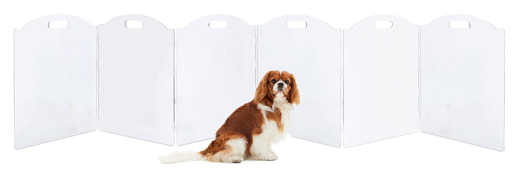 6-Panel Clear Acrylic Freestanding Indoor Pet Barrier Gate with Modern Folding Frame for Wide Doorways, Hallways & Stairs