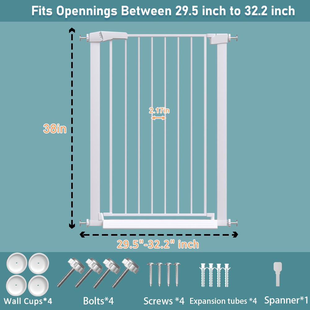 38" 29.5" Extra-Tall & Extra-Wide Adjustable Hardware/Pressure-Mounted Pet & Child Safety Gate with Auto-Close Walk-Through Door for Stairs, Hallways & Wide Doorways