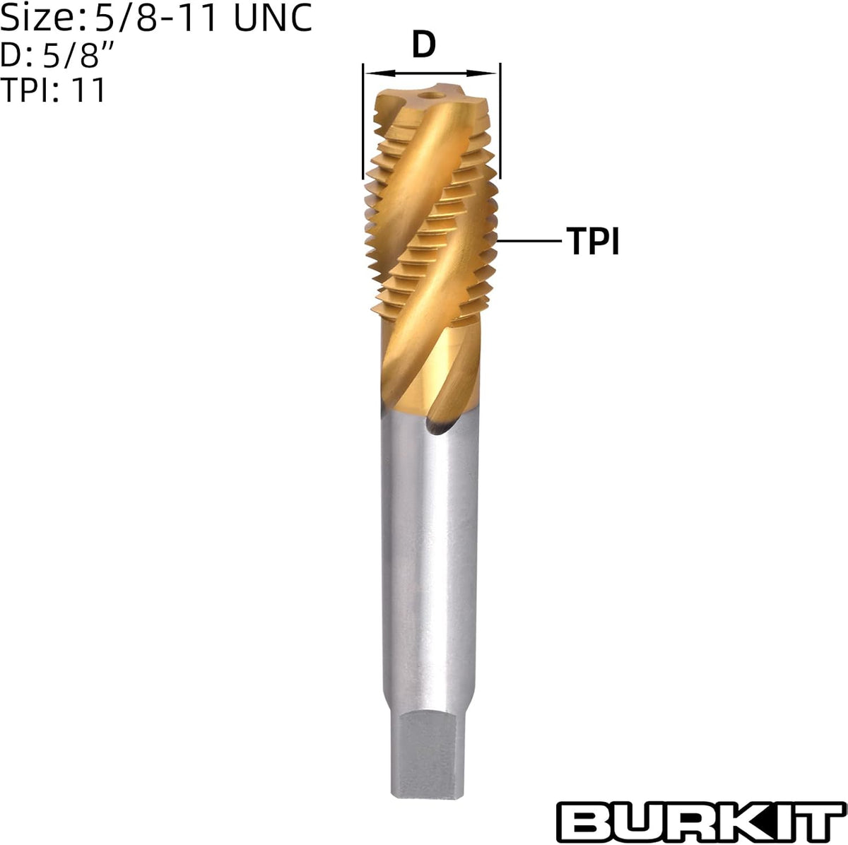 Burkit 5/8"-11 UNC Titanium Coated Spiral Flute Tap
