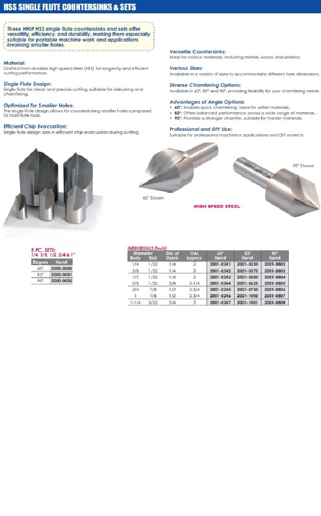 HHIP 2001-0246 1" Single Flute 60 Degree High Speed Steel Countersink