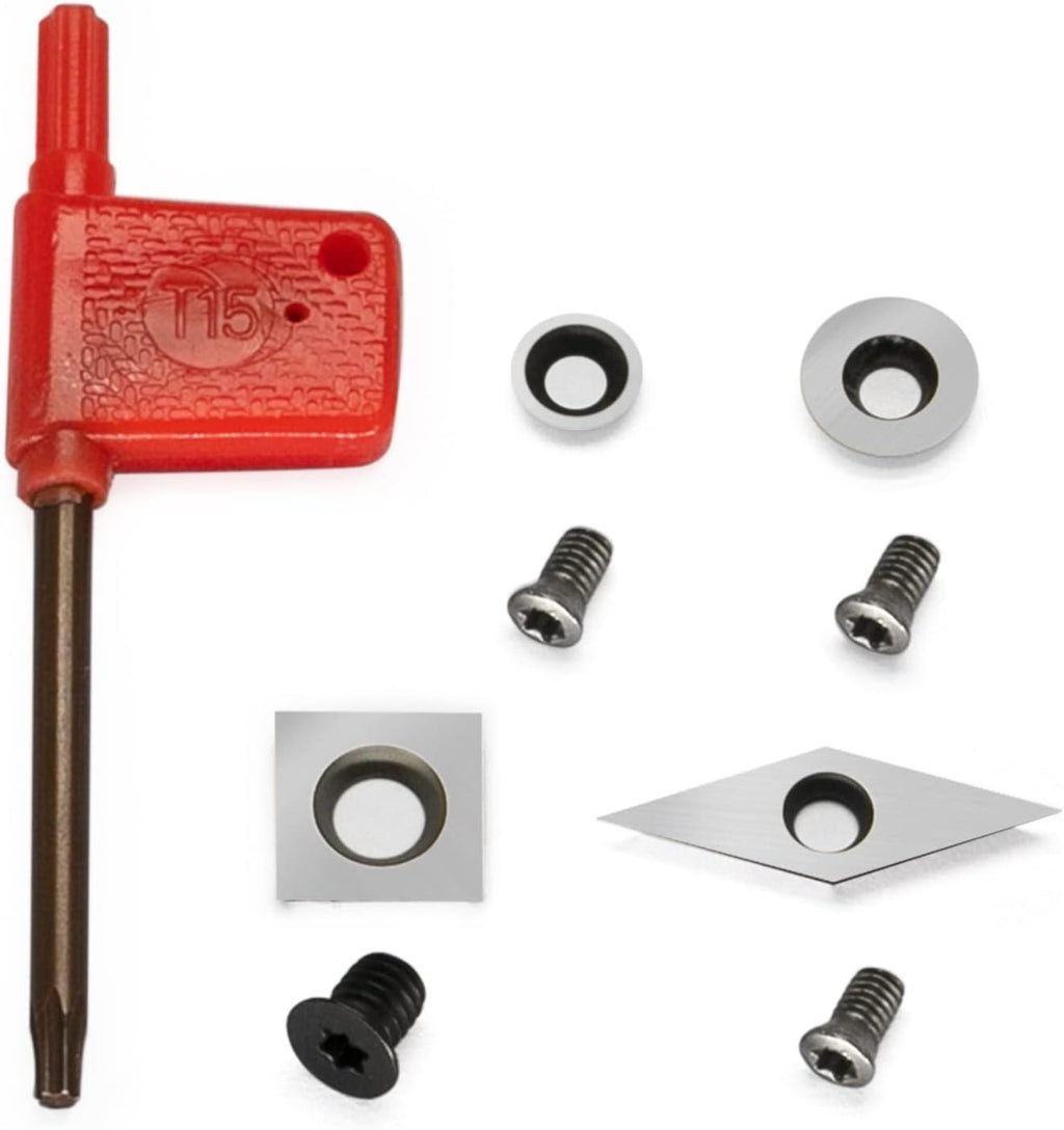 AT01 4pcs Carbide Turning Inserts Cutters Set for Indexable Lathe Turning Tool Holder Insert Replacement of Round 8.9mm and 12mm, Square 14mm, Diamond 32mm, Fit for AT01 Woodturning Tool Set