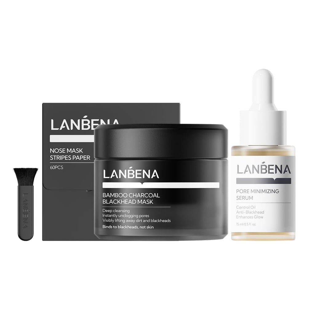 3-in-1 Blackhead Removal Set - Bamboo Charcoal Pore Strips (30g), Pore Minimizing Serum (15ml) & Removal Paper
