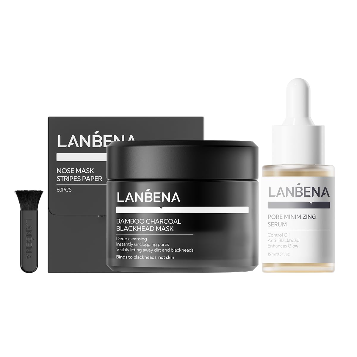 3-in-1 Blackhead Removal Set - Bamboo Charcoal Pore Strips (30g), Pore Minimizing Serum (15ml) & Removal Paper