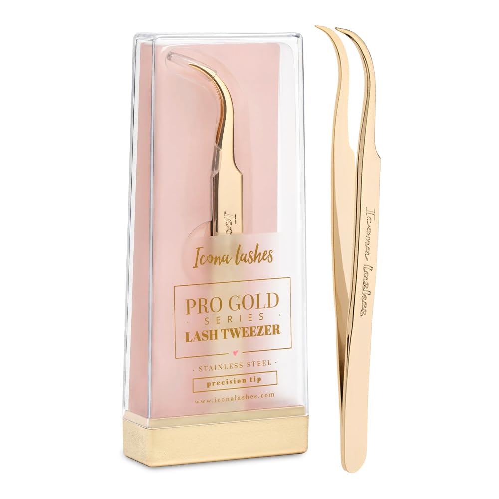 Eyelash Tweezer - 24K Gold-Plated Stainless - J-curved Tip for Precise Application - Applicator Tool for False