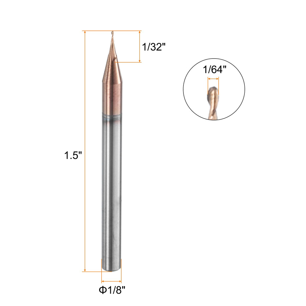 HARFINGTON Ball Nose End Mill 2 Flute 1/64" Diameter 1/8" Shank Tungsten Carbide TiAlN Coated Spiral CNC Router Bits 1/32" Cutting Length Single End Ball for Carving Engraving Grinding