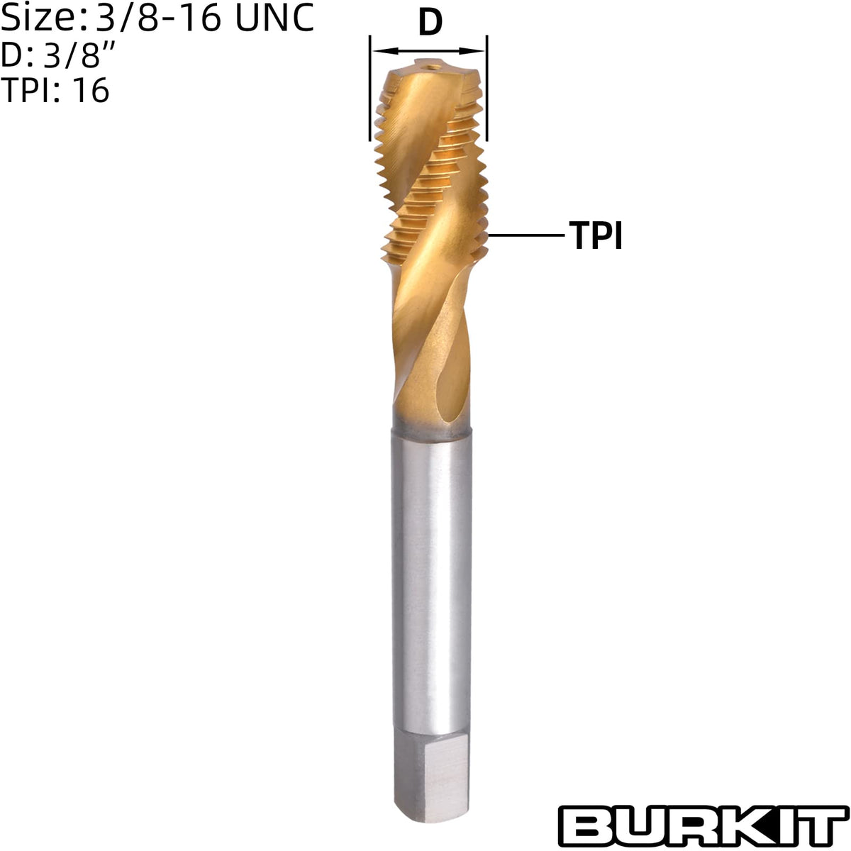Burkit 3/8"-16 UNC Titanium Coated Spiral Flute Tap