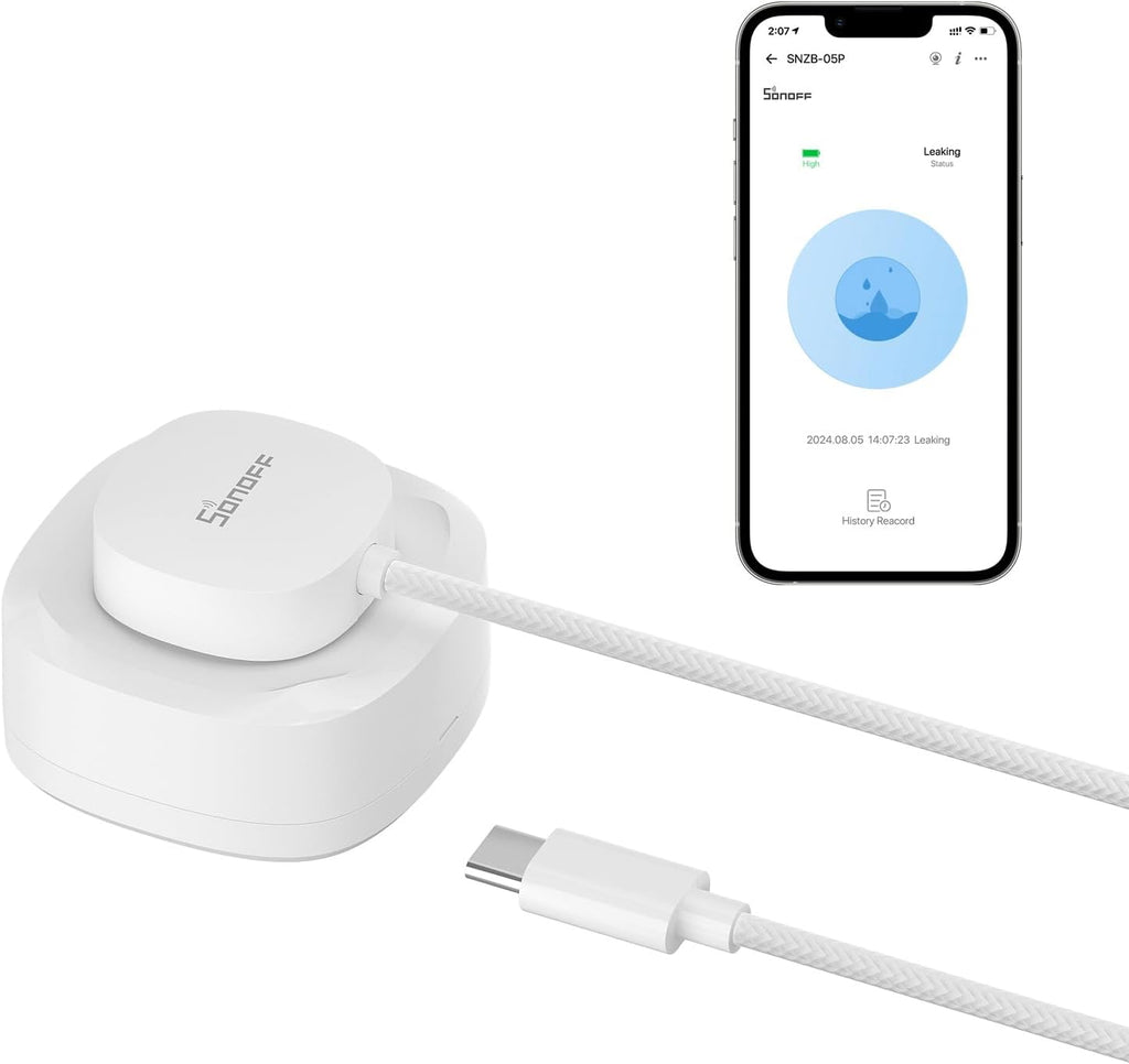 SNZB-05P Zigbee Water Leak Sensor with Detection Cable for Alarm System and Smart Home Automation, Wireless Mini