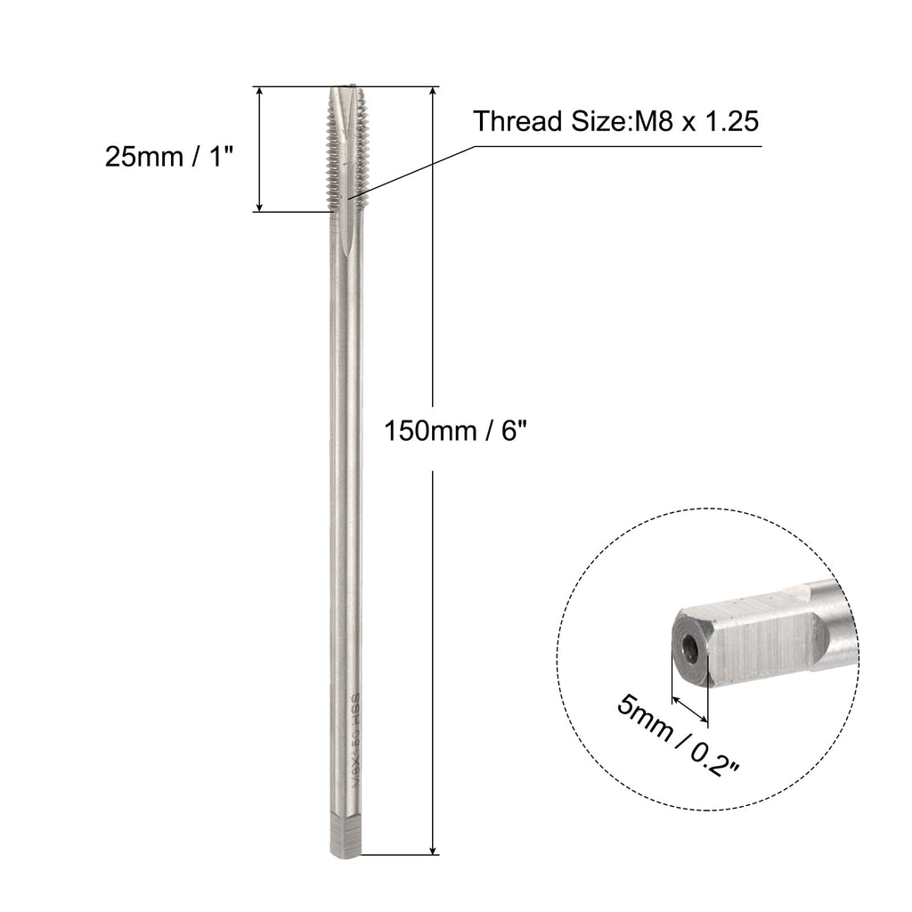 uxcell M8 x 1.25 H2 Metric Spiral Point Thread Tap, 150mm (6") Extra Long Screw Tap Threading Tapping Tool, High Speed Steel Machine Taps Tapping Bit