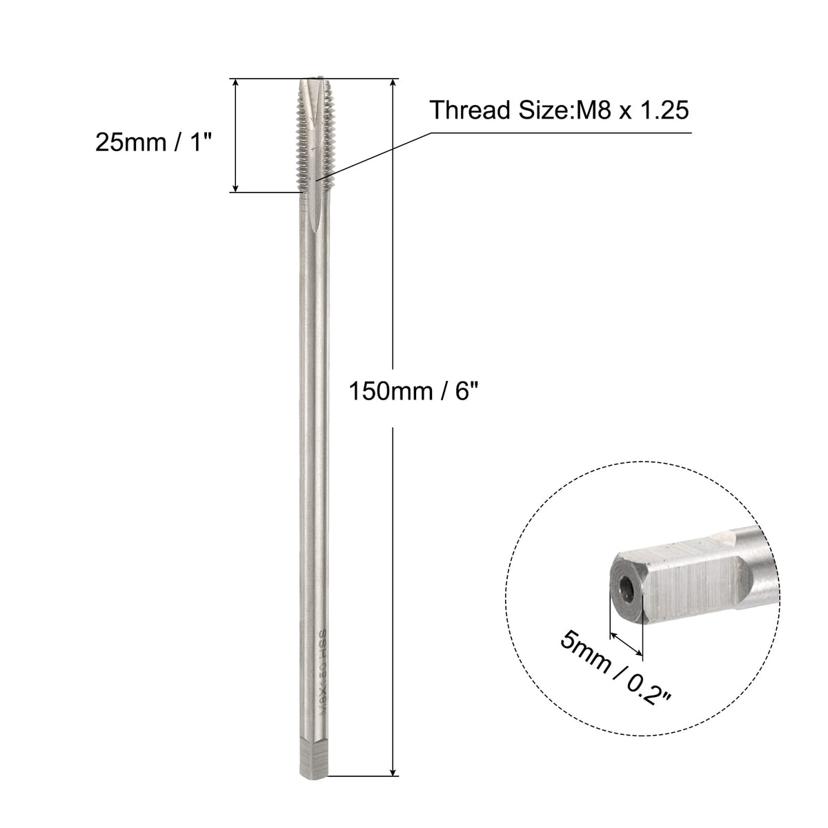 uxcell M8 x 1.25 H2 Metric Spiral Point Thread Tap, 150mm (6") Extra Long Screw Tap Threading Tapping Tool, High Speed Steel Machine Taps Tapping Bit
