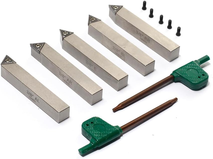 Mini Indexable Lathe Turning Tool-3/8" Shank Nickel Plated 5 Pieces Carbide Turning Tool Set, Metal Lathe Cutting Tools with Carbide Inserts TCMT110204(TCMT21.51)