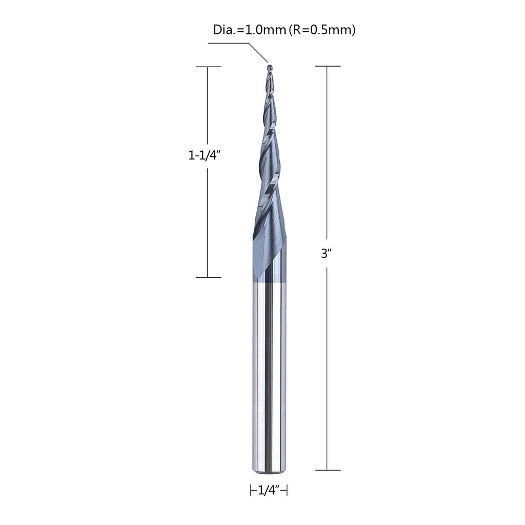 SpeTool Tapered Ball Nose Spiral Router Bit 1.0mm Tip Diameter (0.5mm Radius) 4.82 Deg for CNC Milling Engraver Carving Bits