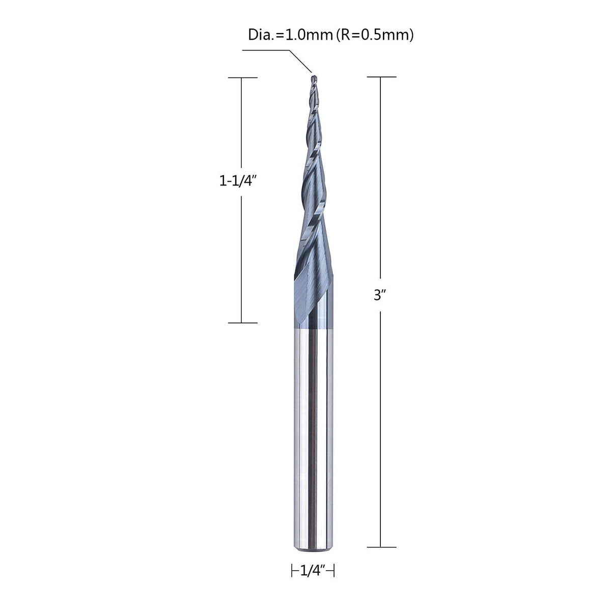 SpeTool Tapered Ball Nose Spiral Router Bit 1.0mm Tip Diameter (0.5mm Radius) 4.82 Deg for CNC Milling Engraver Carving Bits