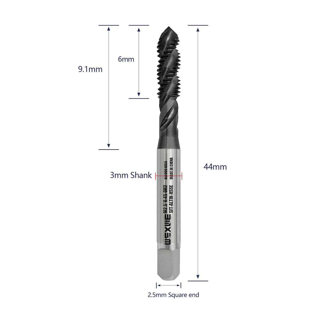 WEXWE Tools M2.5 x 0.45 AlTiN Coating Spiral Flute Thread Tap, Metric Machine Threading Tap High Speed Steel Cobalt(HSSCo), Round Shank with Square End, H2 Tolerance, 2pcs