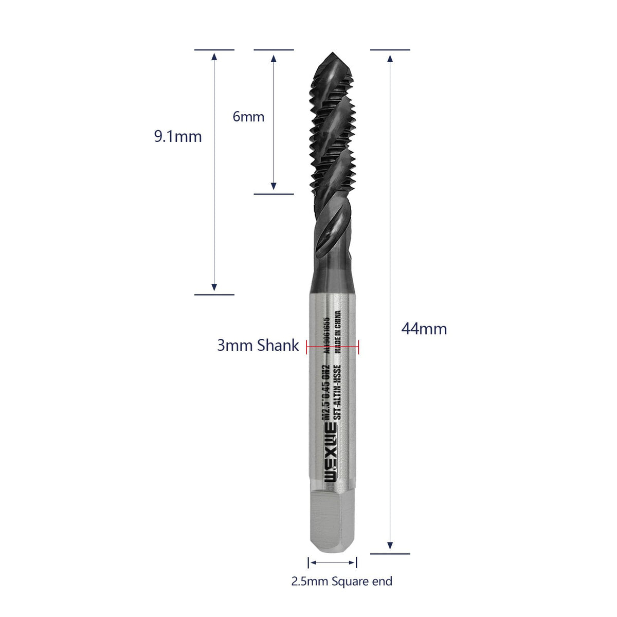 WEXWE Tools M2.5 x 0.45 AlTiN Coating Spiral Flute Thread Tap, Metric Machine Threading Tap High Speed Steel Cobalt(HSSCo), Round Shank with Square End, H2 Tolerance, 2pcs