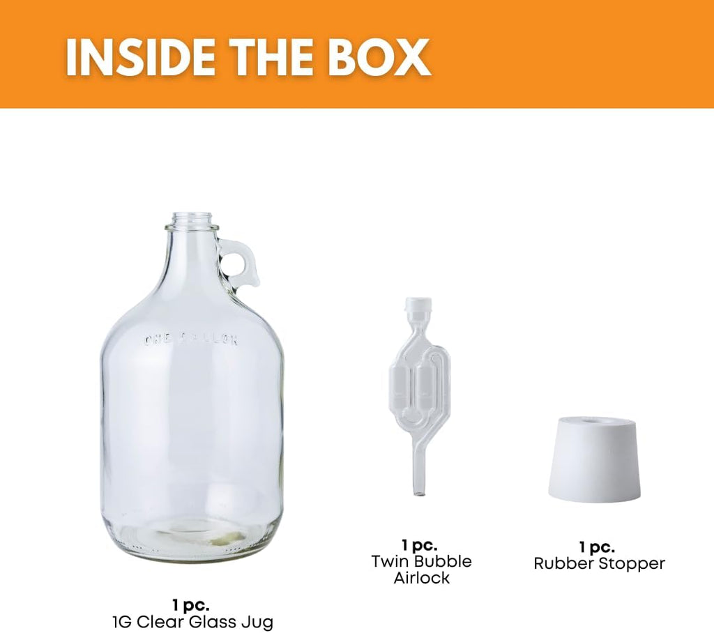 1 Gallon Glass Jug with Airlock, #6 Rubber Bung and Twin Bubble Design | Clear Fermentation Jug for beer, wine