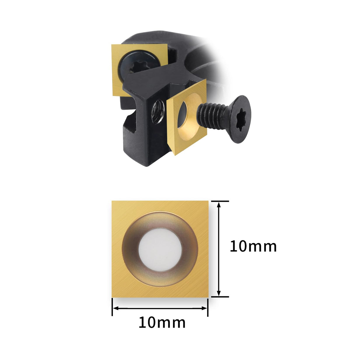 TiN Coated Square Corner Carbide Inserts 4 Edges, 10 * 10 * 2.2mm, 30 Degree Cutting Angle, 10pcs, Countersink Hole (Gold)
