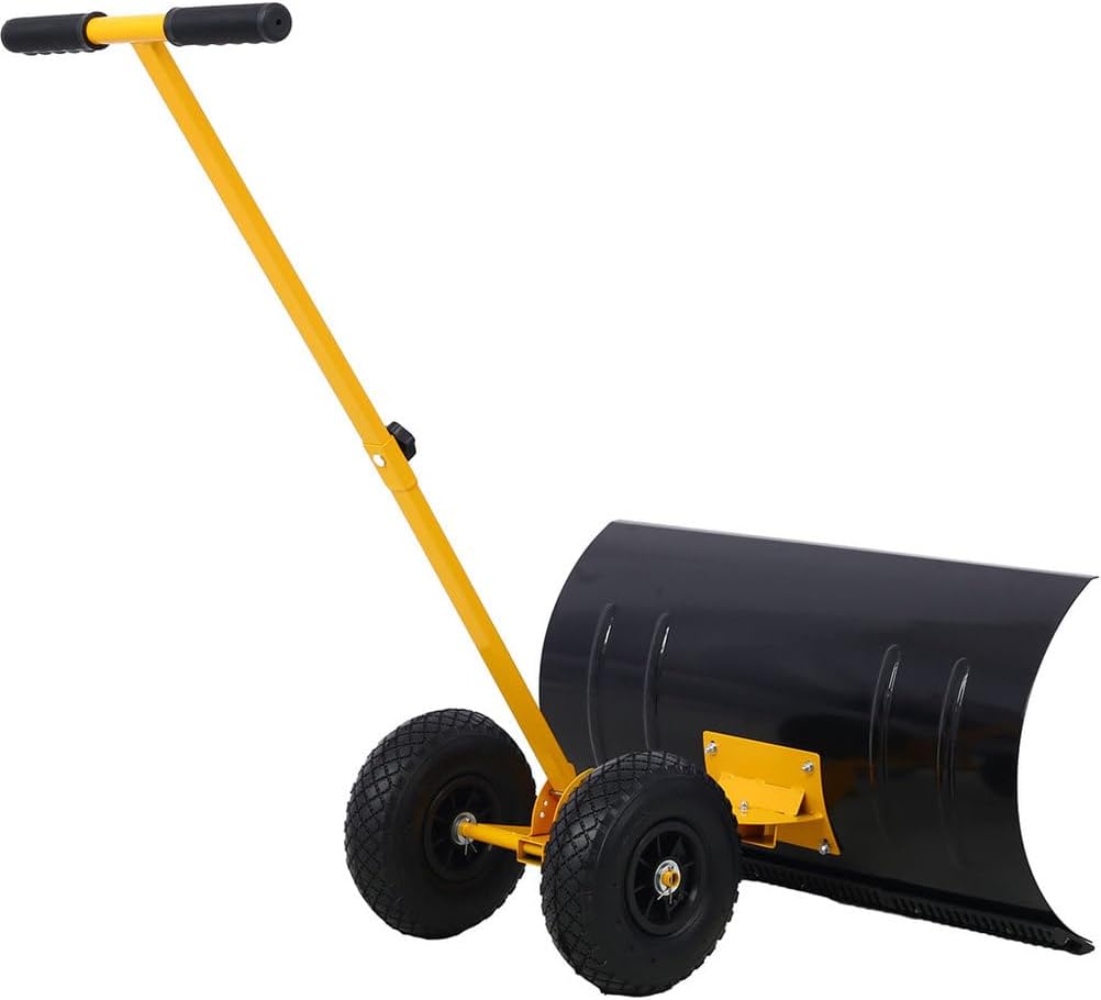 29" Heavy-Duty Snow Shovel with Wheels – Steel Frame Snow Pusher with 5-Angle Adjustable Blade, Ergonomic Cushioned