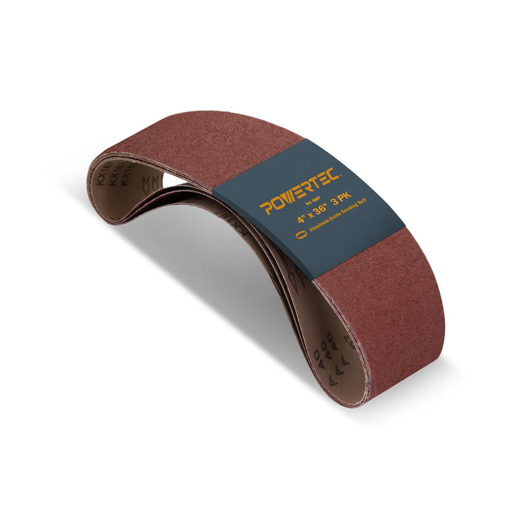 POWERTEC 3PK 4x36 Sanding Belts, 80 Grit Aluminum Oxide, 4 x 36 Inch Sanding Belts for Benchtop Belt and Disc Sander, Belt Sandpaper, Woodworking, Metalworking, Paint, Rust Removal (110683)