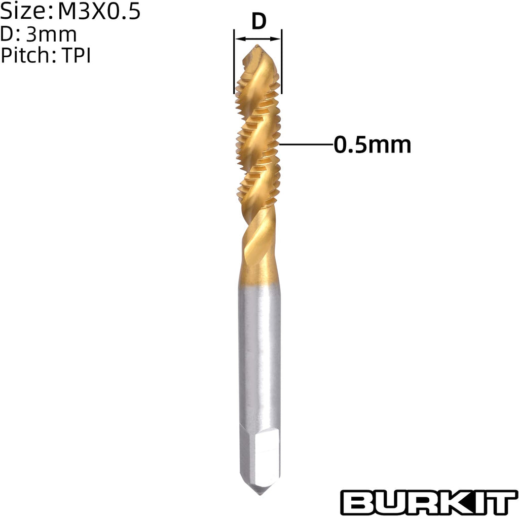 Burkit 2pcs M3 X 0.5 Titanium Coated Spiral Flute Tap