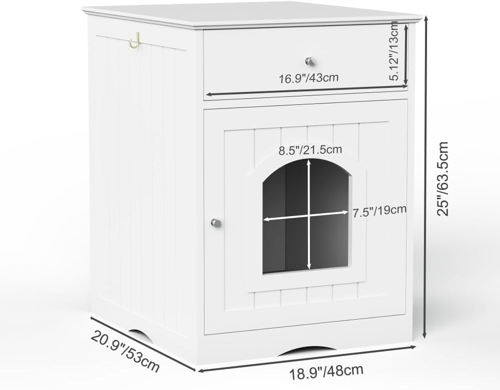 Cat Litter Box Enclosure Furniture, White + Solid Wood