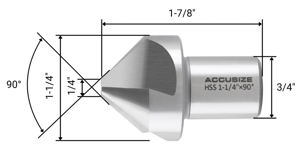 Accusize HSS Countersink, 1-1/4in, 90 Degree, 3-Flute, 3/4in Weldon Shank