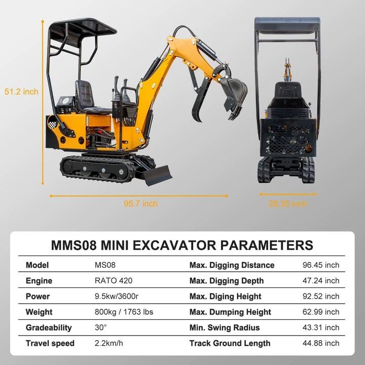 0.8 Ton Mini Excavator with 13.5 HP Gasoline Engine, Bucket, Canopy, Mechanical Thumb Clamp, US Stock Compact Backhoe