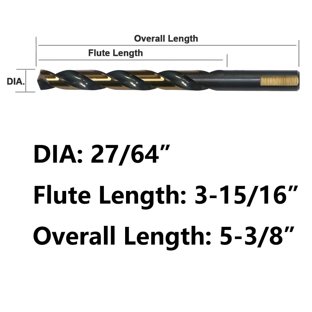 VALYRIANTOOL 6PCS 27/64" HSS Black Gold Twist Drill Bits Set, 135 Degree Split Point, Jobber Metal Drill Bit, General Purpose for Use in Mild Steel, Copper, Aluminum, Zinc Alloy, Wood, and Plastic