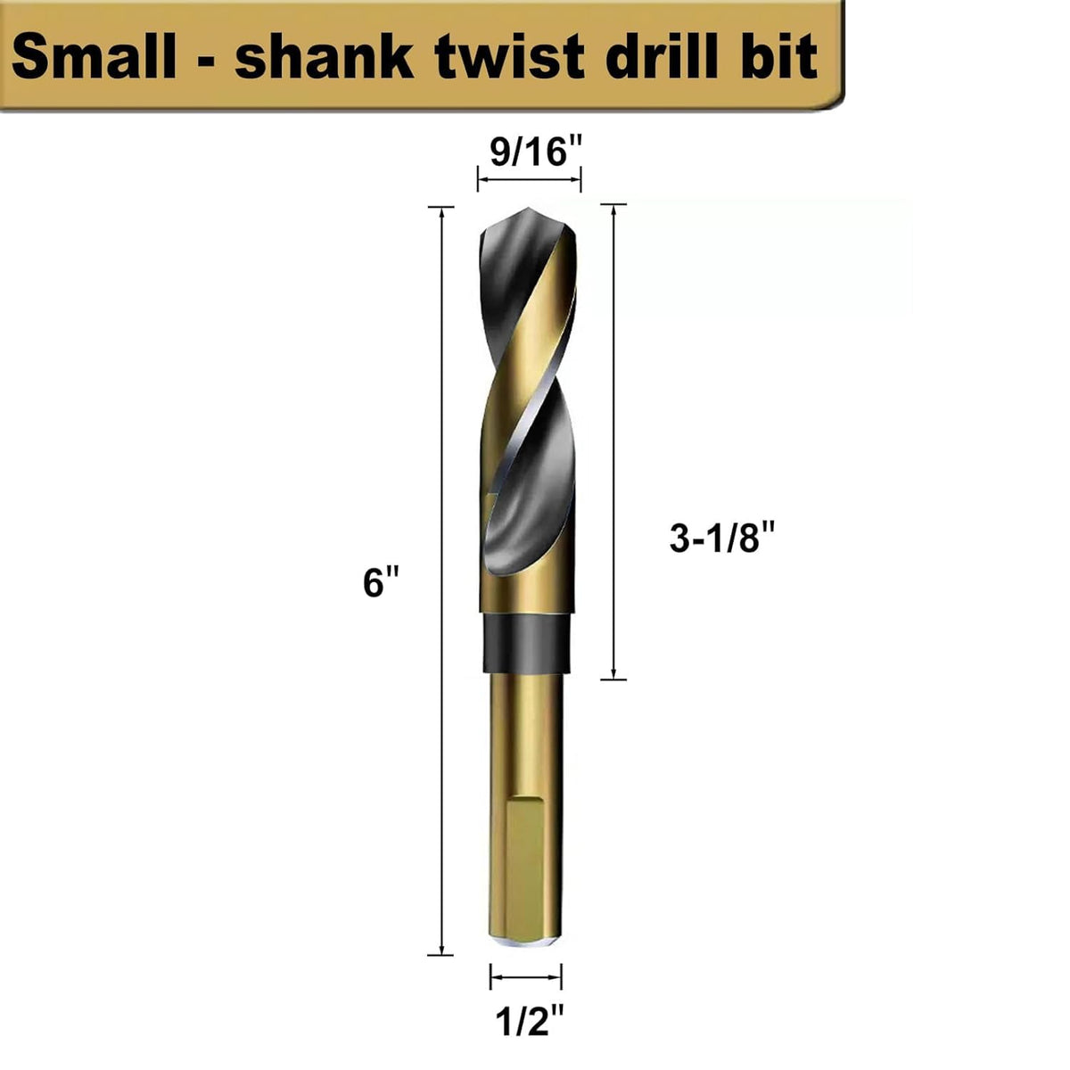 9/16 Inch Drill Bit | Reduced Shank High Speed Steel | HSS 4241 for Metal and Steel | 1/2" Shank for Drill Press,Gold Titanium Coated for Small Holes in Cabinets, Fixtures, Electronics