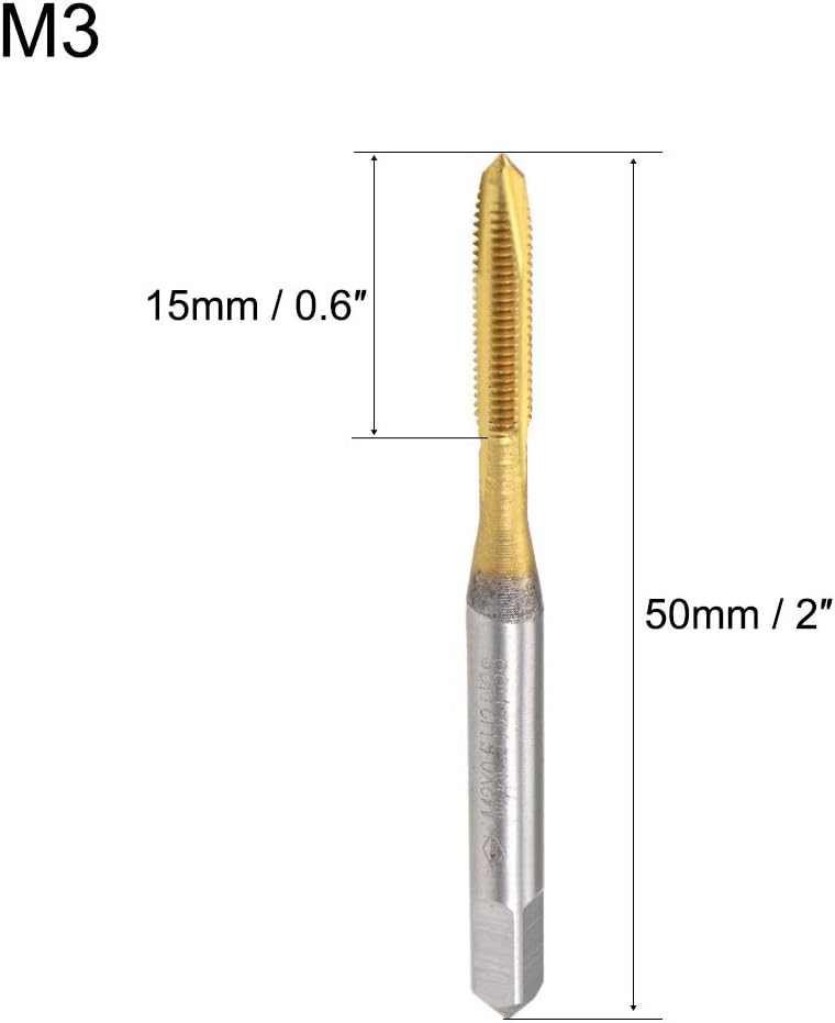 uxcell Spiral Point Plug Threading Tap M3 x 0.5 Thread, Ground Threads H2 3 Flutes, High Speed Steel HSS 6542, Titanium Coated, Metric Screw Taps Tapping Bit for Thread Repair, 2pcs