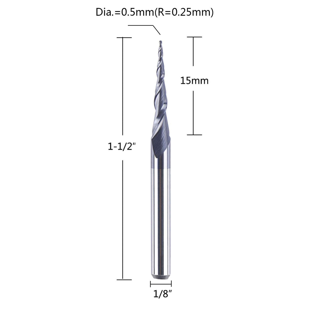 SpeTool 5Pcs Tapered Ball Nose Carving End Mill 1/8 inch Shank 0.25MM Radius (0.5MM Diameter) Tips 3D Woodworking Tool CNC Router Bits
