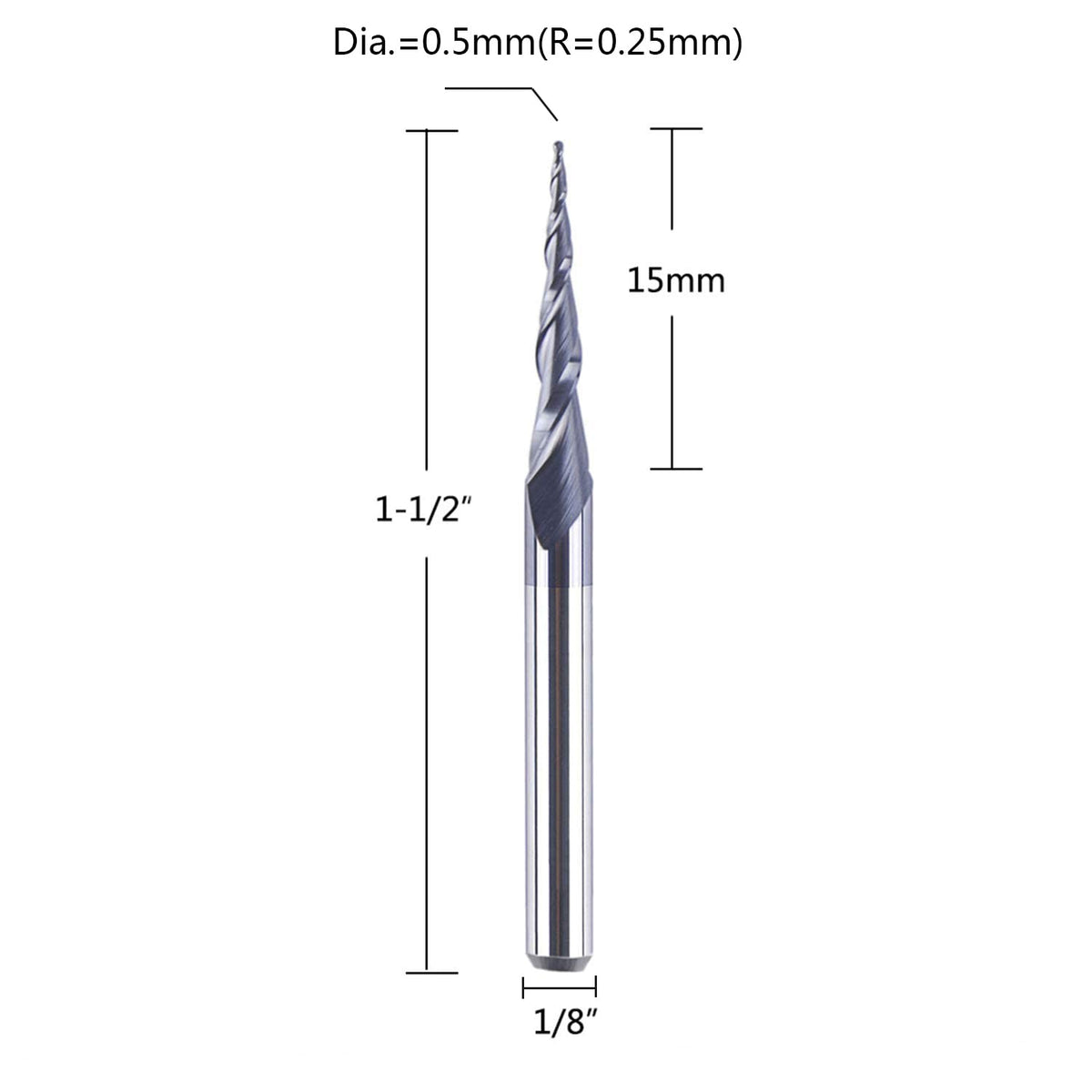 SpeTool 5Pcs Tapered Ball Nose Carving End Mill 1/8 inch Shank 0.25MM Radius (0.5MM Diameter) Tips 3D Woodworking Tool CNC Router Bits