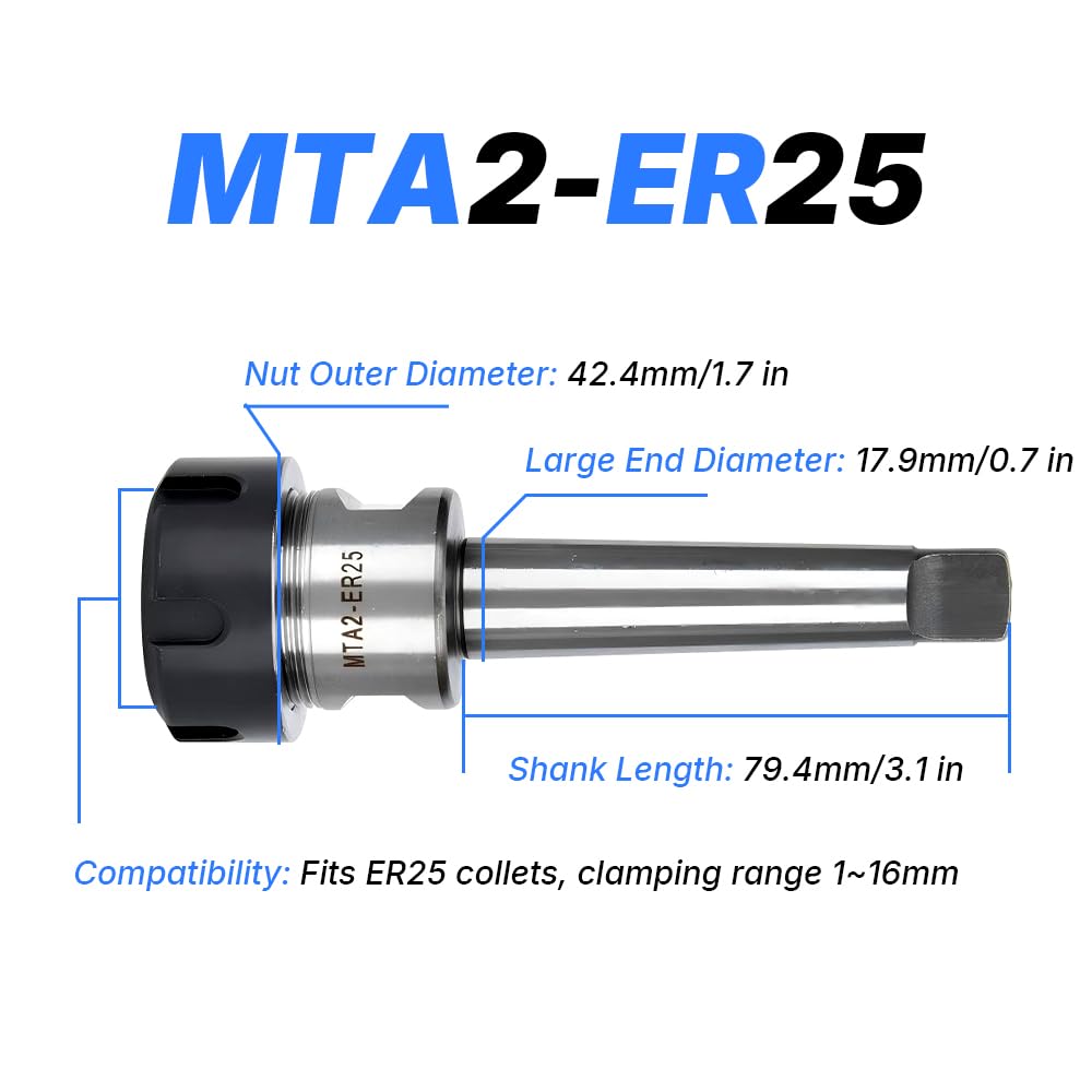Collet Chuck Holder, MTA2-ER25 High Speed Steel Morse Taper Shank Chuck 1-16mm Clamping Range for Drilling Machine CNC Milling Lathe and Precision working