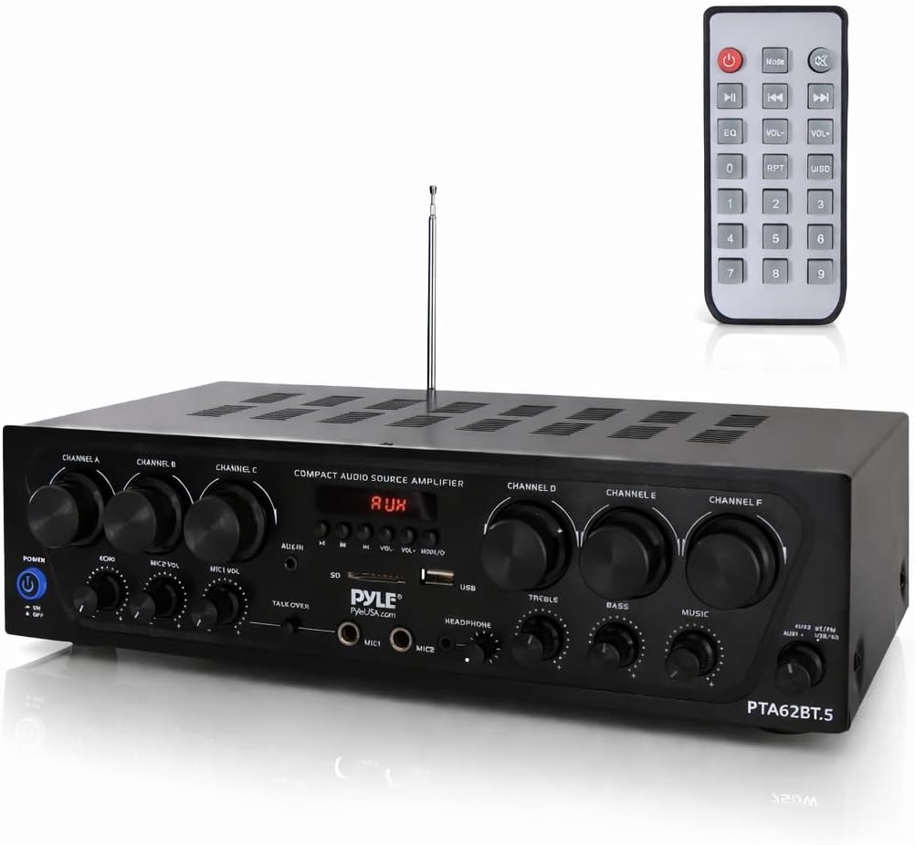 Bluetooth Wireless Home Amplifier System - Upgraded 6 Channel Audio, 750 Watt Power, Easy Karaoke, Stereo Receiver w