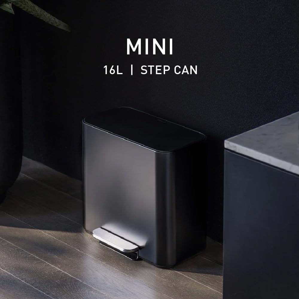 Mini Step Can, 16L / 4.3 Gallon Trash Can for Home Offices, Hotel Rooms, Bedrooms, Liner Pocket, Sleek Internal