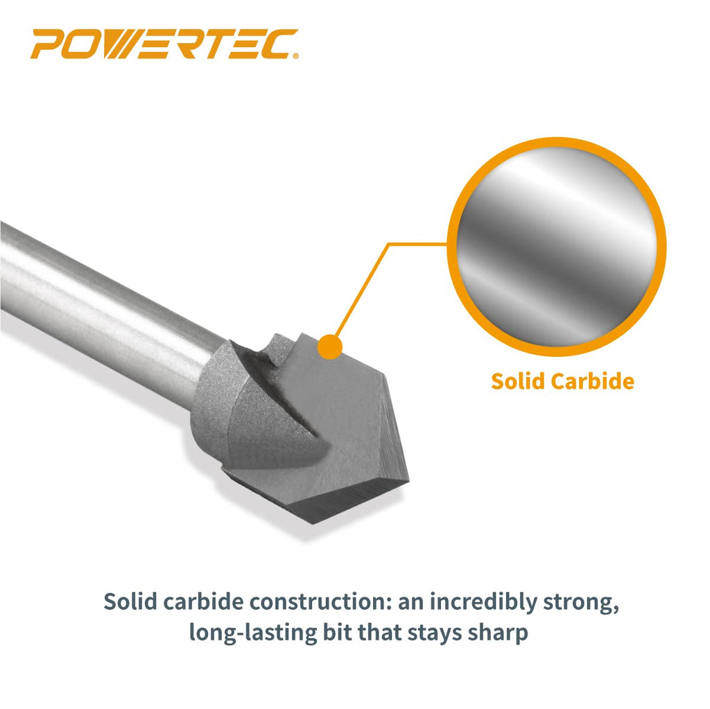 POWERTEC 90 Degree V-Groove Router Bit, 1/4" Shank, 1/2" Cutting Diameter, 21/64" Cutting Length, Carbide End Mill CNC Engraving Bit for Routers & CNC Machines, Sign and Plaque Carving (73006)