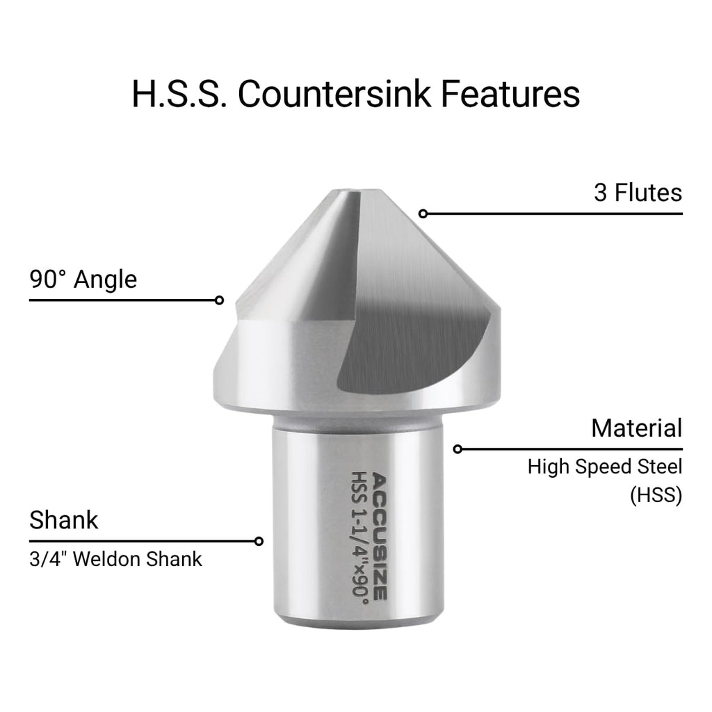 Accusize HSS Countersink, 1-1/4in, 90 Degree, 3-Flute, 3/4in Weldon Shank