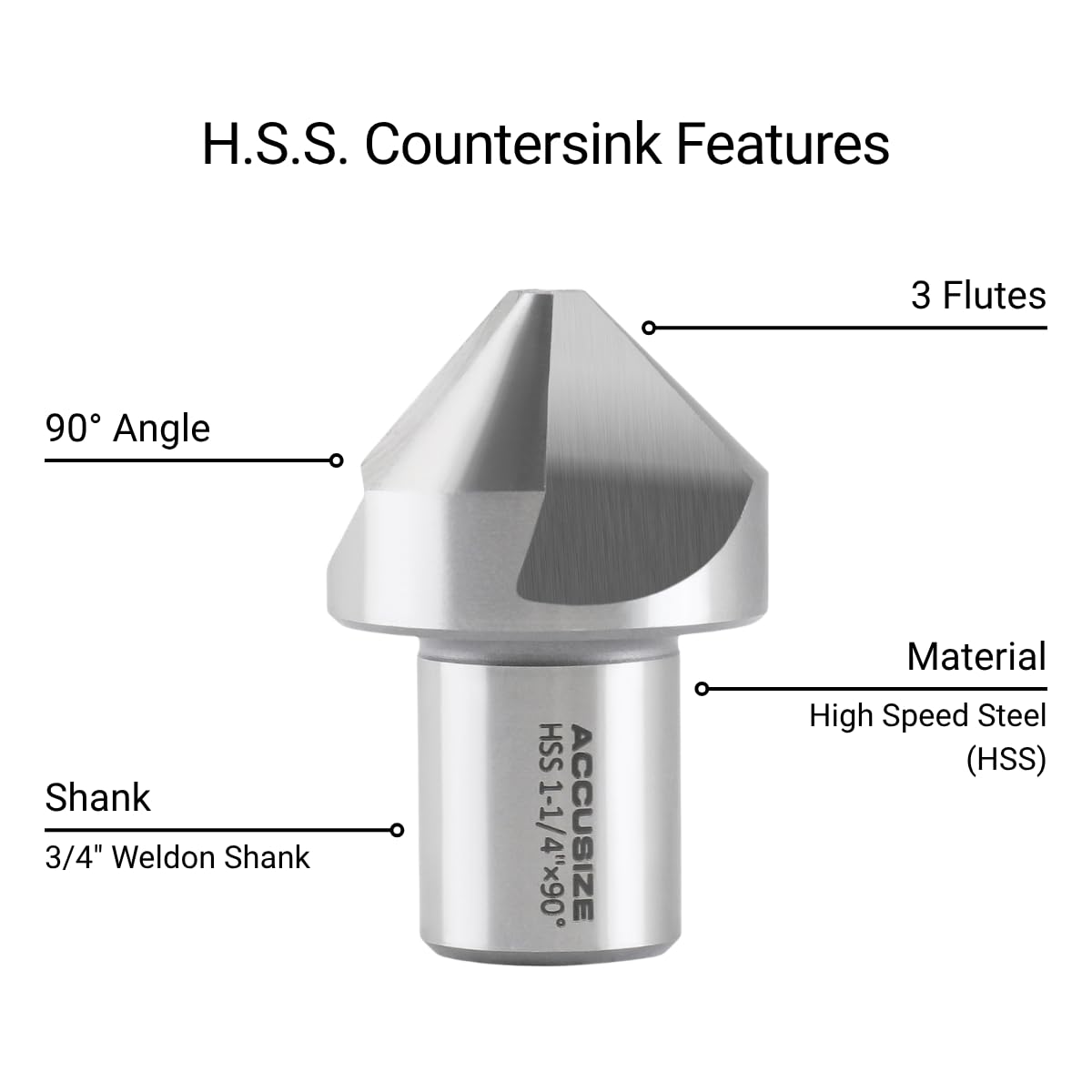 Accusize HSS Countersink, 1-1/4in, 90 Degree, 3-Flute, 3/4in Weldon Shank
