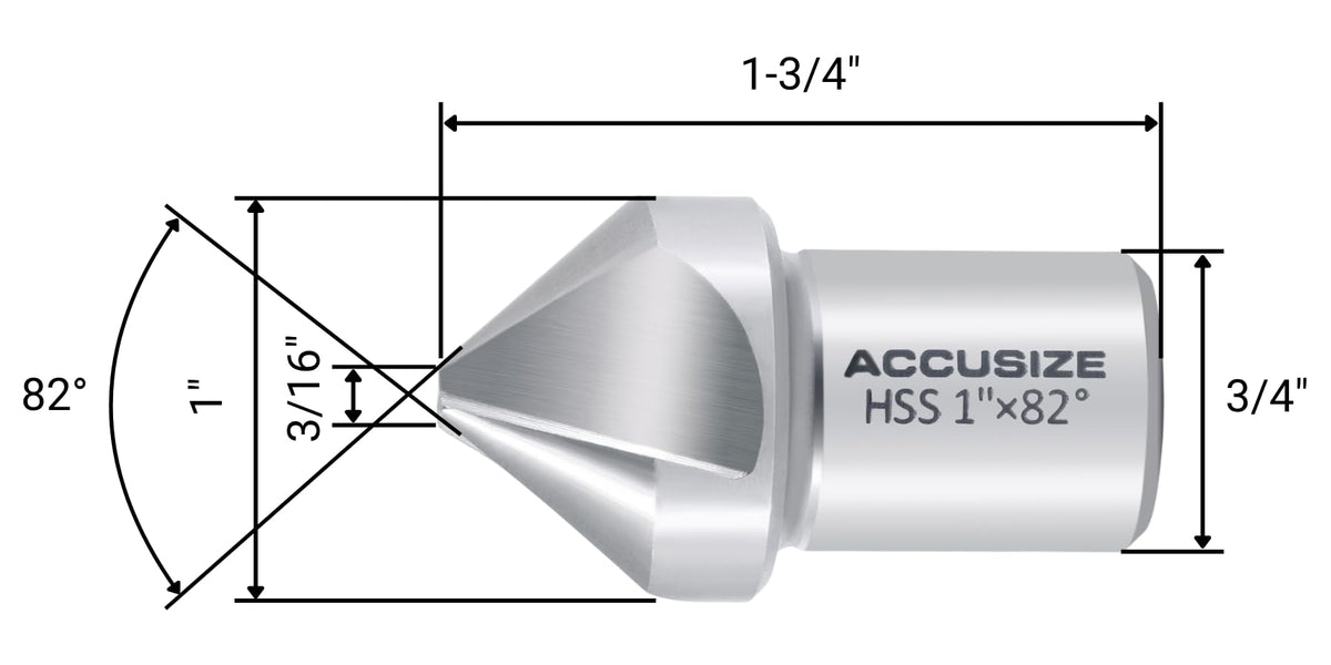 Accusize HSS Countersink, 1in, 82 Degree, 3-Flute, 3/4in Weldon Shank
