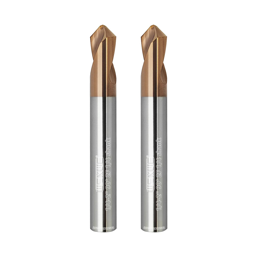 WEXWE Tools Chamfer End Mill,Drill Tip with Cutting Edge for Carving, Drilling and Chamfering Suit for Alloy Steel, Hardened Steel, 90 Degree 2 Flute(1/4-2"-2CPS)